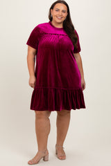 Burgundy Ruffle Accent Velvet Maternity Plus Dress