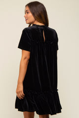 Black Ruffle Accent Velvet Maternity Dress