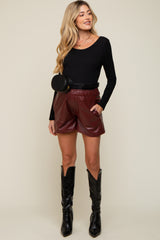 Burgundy Faux Leather Maternity Shorts