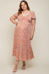 Peach Floral Sweetheart Drawstring Neck Short Sleeve Maternity Plus Midi Dress