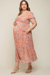 Peach Floral Sweetheart Drawstring Neck Short Sleeve Maternity Plus Midi Dress