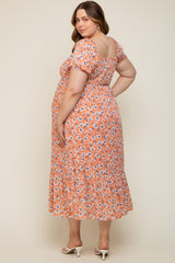 Peach Floral Sweetheart Drawstring Neck Short Sleeve Maternity Plus Midi Dress