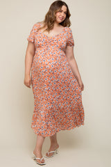 Peach Floral Sweetheart Drawstring Neck Short Sleeve Maternity Plus Midi Dress