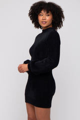 Black Fuzzy Knit Puff Sleeve Sweater Dress