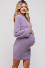 Lavender Fuzzy Knit Puff Sleeve Maternity Sweater Dress