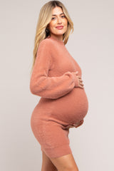 Mauve Fuzzy Knit Puff Sleeve Maternity Sweater Dress