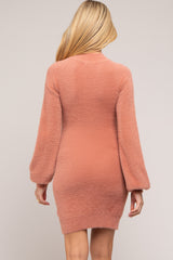 Mauve Fuzzy Knit Puff Sleeve Maternity Sweater Dress