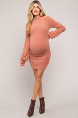 Mauve Fuzzy Knit Puff Sleeve Maternity Sweater Dress