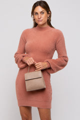 Mauve Fuzzy Knit Puff Sleeve Maternity Sweater Dress