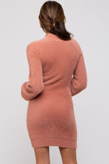 Mauve Fuzzy Knit Puff Sleeve Sweater Dress