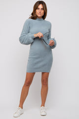 Light Blue Fuzzy Knit Puff Sleeve Sweater Dress