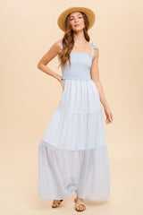 Blue Tie Shoulder Smock Tiered Check Chiffon Dress