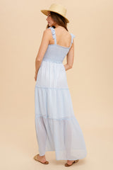 Blue Tie Shoulder Smock Tiered Check Chiffon Dress