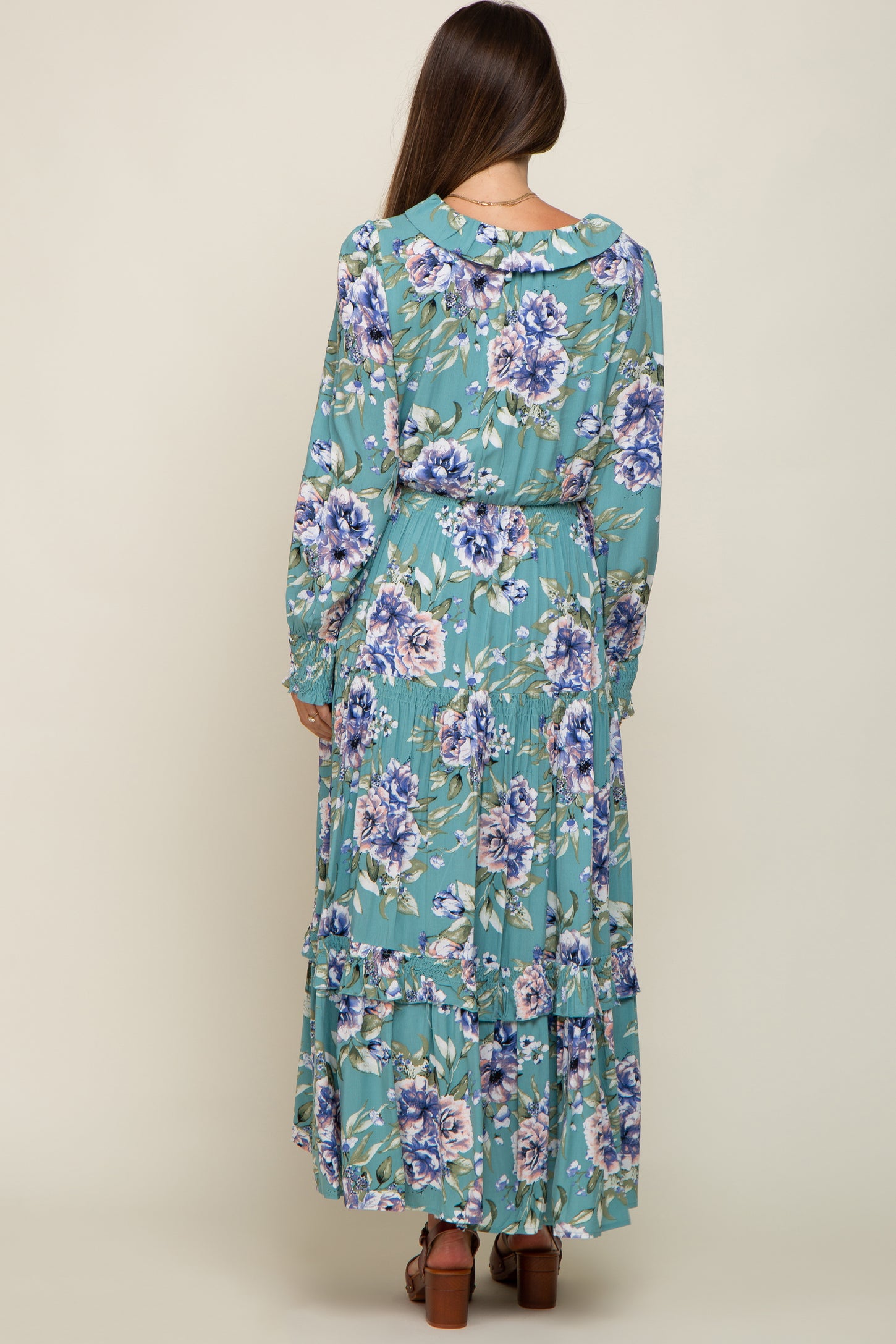 Jade Floral Smocked Ruffle Neck Maternity Maxi Dress