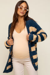 Navy Blue Striped Fuzzy Maternity Cardigan