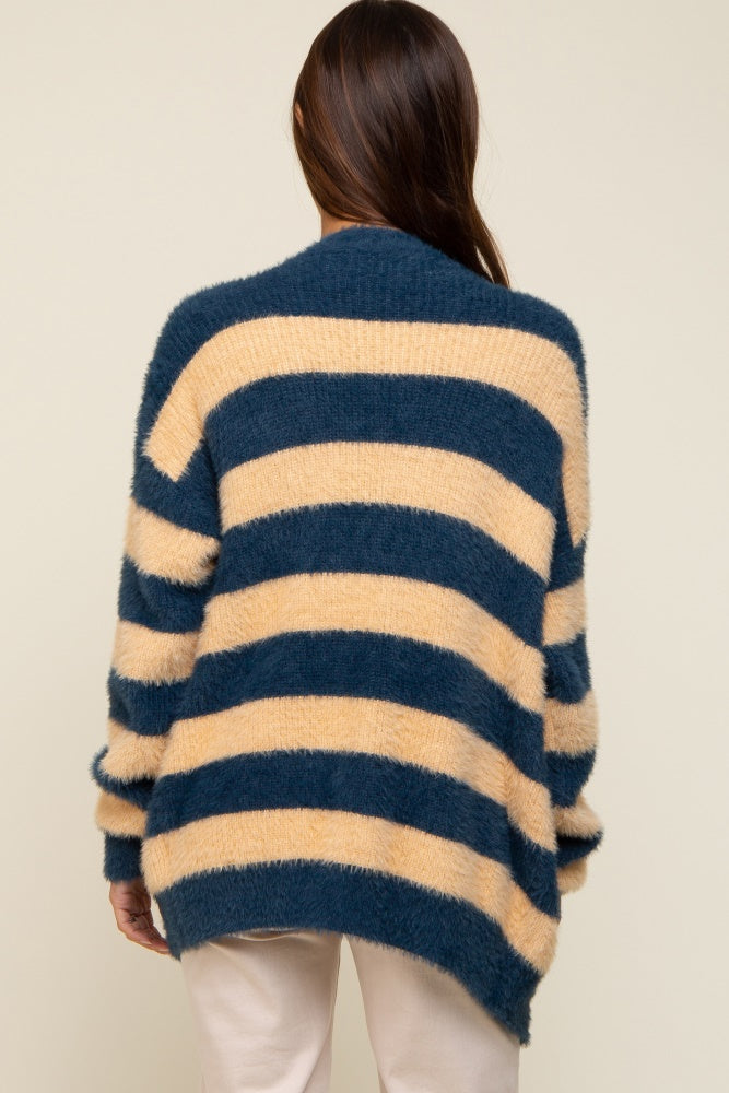 Navy Blue Striped Fuzzy Maternity Cardigan