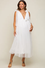 Ivory Dotted Tulle Deep V-Neck Shoulder Tie Maternity Midi Dress