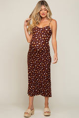 Brown Floral Sleeveless Maternity Midi Dress