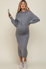 Heather Grey Knit Hooded Long Sleeve Maternity Dress