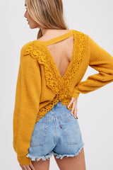 Yellow Back Cutout Lace Accent Sweater