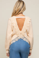 Cream Back Cutout Lace Accent Maternity Sweater