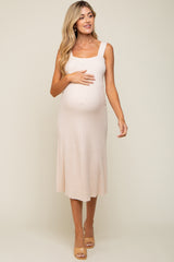 Cream Sweater Knit A-Line Maternity Midi Dress