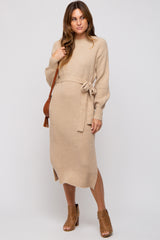 Beige Side Slit Sweater Midi Dress