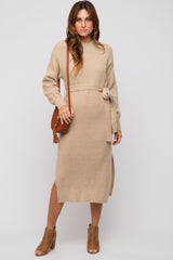 Beige Side Slit Sweater Midi Dress