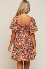 Rust Palm Print Smocked Short Sleeve Maternity Dress