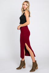 Burgundy Ribbed Knit Slit Midi Skirt