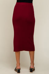 Burgundy Ribbed Knit Slit Maternity Midi Skirt