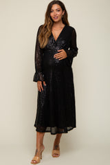 Black Sequin Long Sleeve Wrap Maternity Maxi Dress