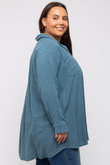 Teal Pinstriped Button-Down Linen Plus Tunic