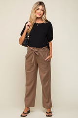 Mocha Ruffle Tie Waist Linen Maternity Pants