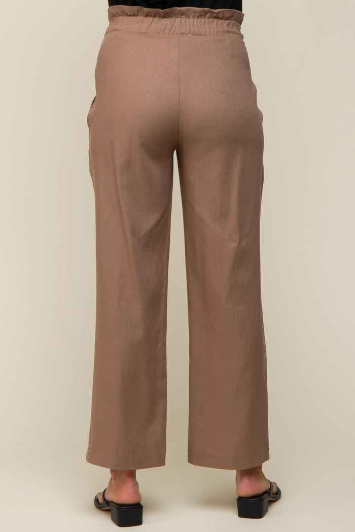 Mocha Ruffle Tie Waist Linen Maternity Pants