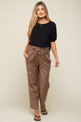 Mocha Ruffle Tie Waist Linen Maternity Pants