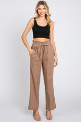 Mocha Ruffle Tie Waist Linen Maternity Pants