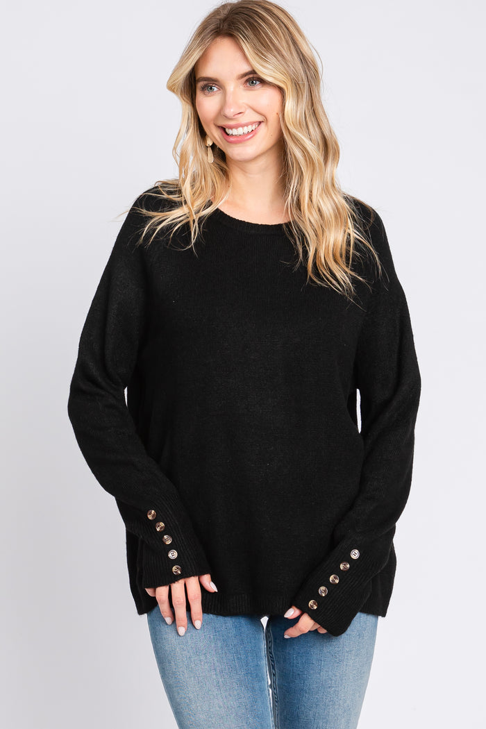 Black Button Accent Solid Maternity Sweater