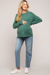 Green Button Accent Solid Maternity Sweater