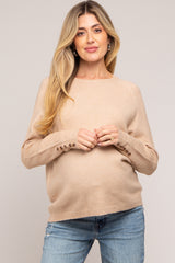 Beige Button Accent Solid Maternity Sweater