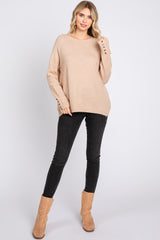 Beige Button Accent Solid Sweater