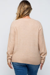 Beige Button Accent Solid Maternity Plus Size Sweater