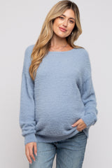 Blue Fuzzy Knit Boat Neck Maternity Sweater