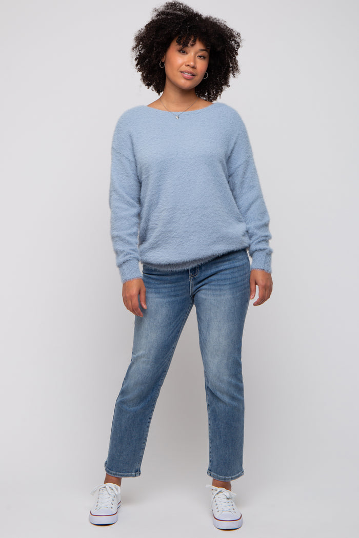 Blue Fuzzy Knit Boat Neck Sweater