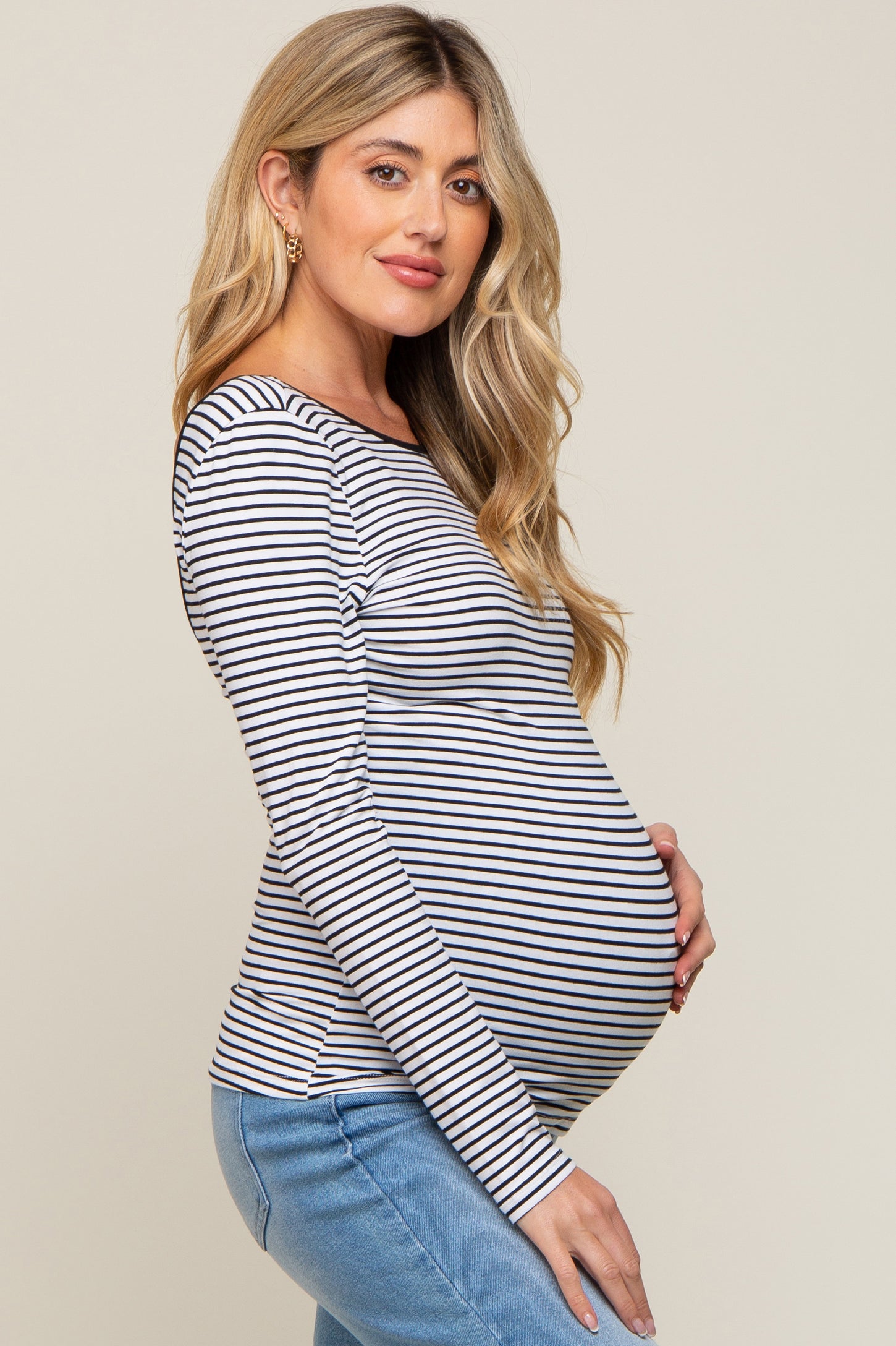 Ivory Striped Long Sleeve Scoop Back Top