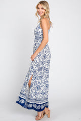 Navy Blue Floral Border Print Front Twist Maxi Dress