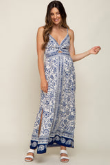 Navy Blue Floral Border Print Front Twist Maternity Maxi Dress