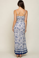 Navy Blue Floral Border Print Front Twist Maternity Maxi Dress