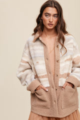 Beige Striped Fuzzy Knit Teddy Maternity Jacket