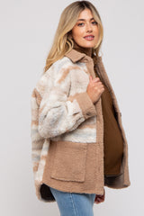 Beige Striped Fuzzy Knit Teddy Maternity Jacket